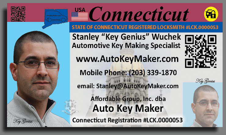 AutoKeyMaker business card — Connecticut automotive locksmith, 203-339-1870